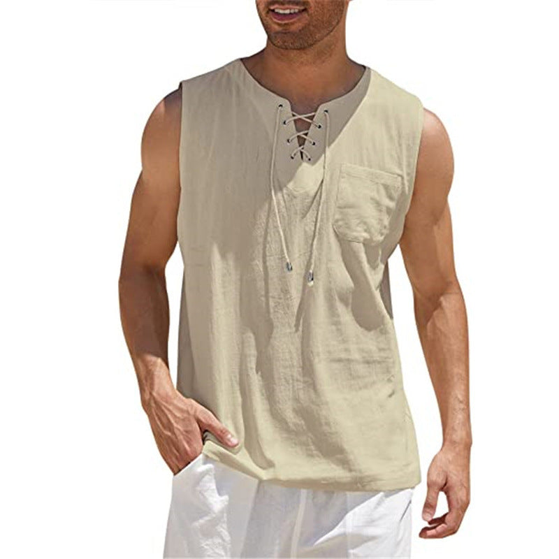 New Men's Sleeveless Shirt Lace-Up Cotton And Linen Short Sleeve T-Shirt